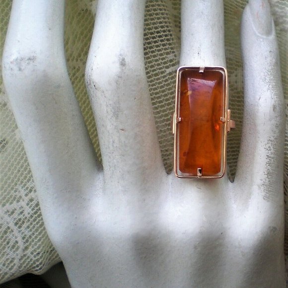 Russian Russia USSR 14K 585 Rose Pink Gold Baltic Honey Amber Cocktail RING - Picture 5 of 11